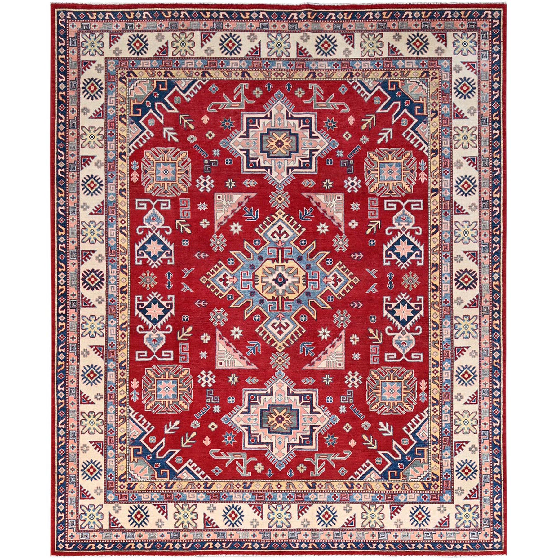 Apple Red With Navajo White Border, Hand Knotted, Densely Woven Kazak, Tribal Medallion Design Extra Soft Wool Natural Dyes, Oriental Rug